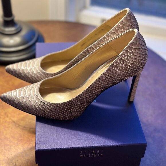 Stuart Weitzman Taupe Tipped Python Heist Heels Size 8.5 - Picture 1 of 7